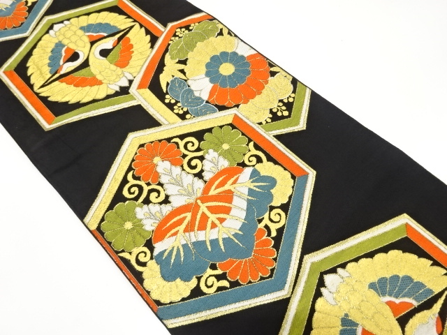 アンティーク　亀甲に向かい鶴・桐・菊模様織り出し袋帯（着用可）